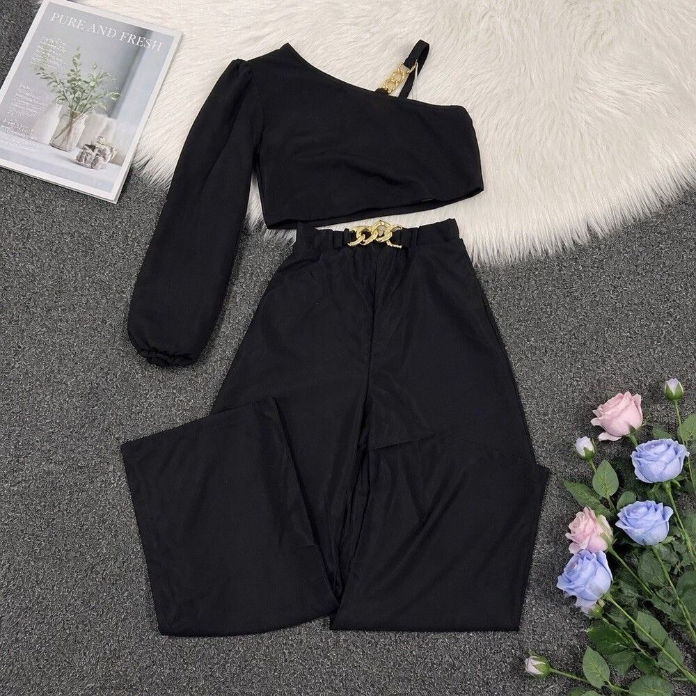 Girls Black Solid One-Shoulder Long Sleeve Crop Top & Pants 2-Piece Set